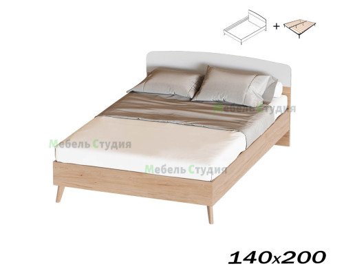 Калгари спальня Кровать 1400/2 (140×200) Дуб светлый натуральный/Белый, матовый с основанием